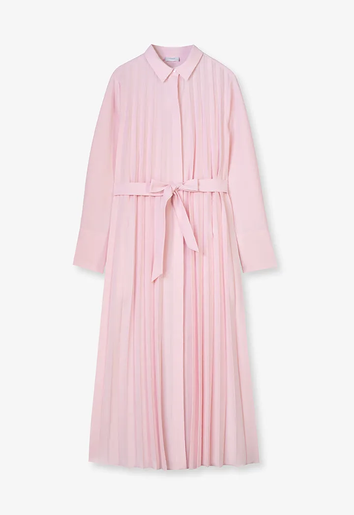 Choice Single Tone Pleated Maxi Shirt Dress Pink