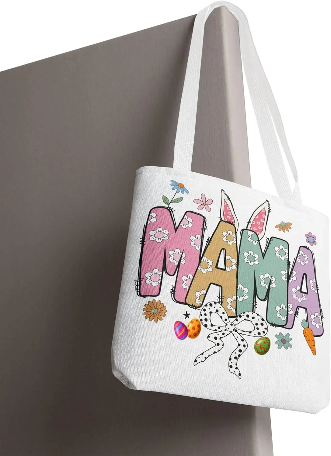 Christian Easter Day Mama Bunny Coquette Tote Bag for Women Casual Reusable Shoulder Shopping Grocery Bags for Mother's Day