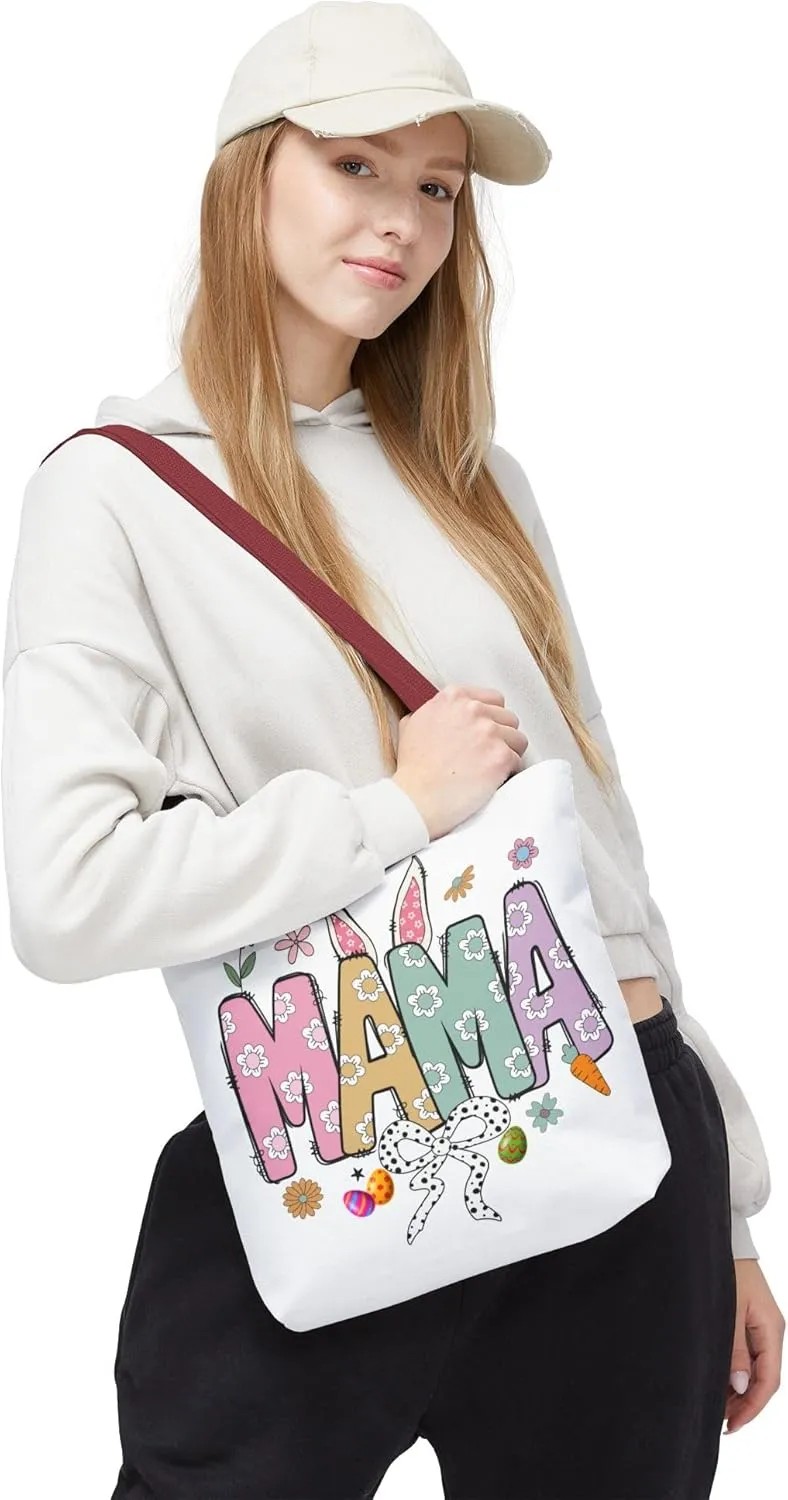Christian Easter Day Mama Bunny Coquette Tote Bag for Women Casual Reusable Shoulder Shopping Grocery Bags for Mother's Day