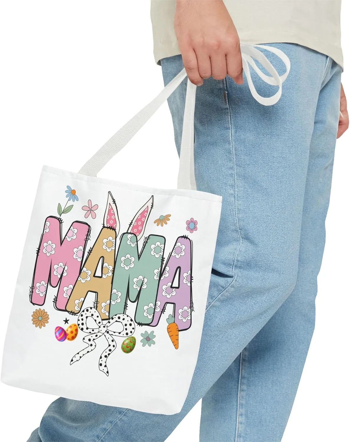 Christian Easter Day Mama Bunny Coquette Tote Bag for Women Casual Reusable Shoulder Shopping Grocery Bags for Mother's Day