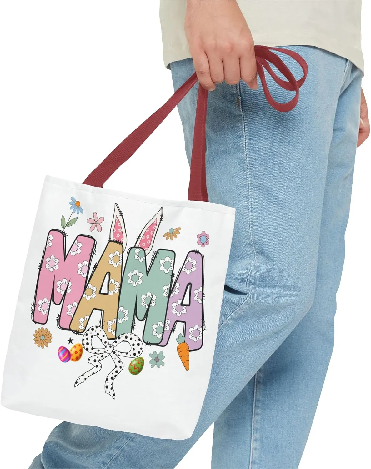 Christian Easter Day Mama Bunny Coquette Tote Bag for Women Casual Reusable Shoulder Shopping Grocery Bags for Mother's Day