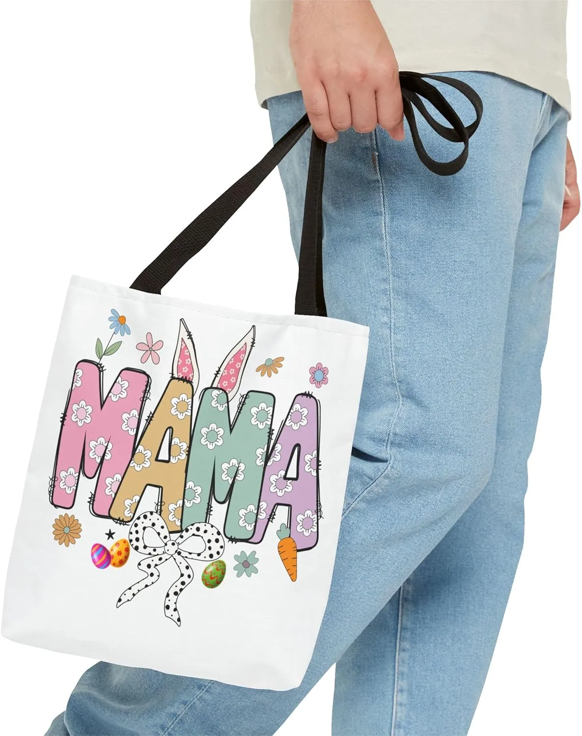 Christian Easter Day Mama Bunny Coquette Tote Bag for Women Casual Reusable Shoulder Shopping Grocery Bags for Mother's Day