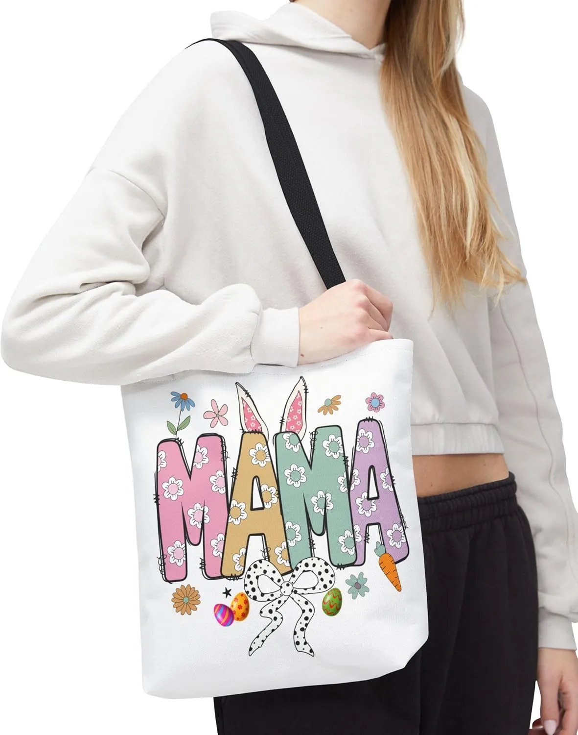 Christian Easter Day Mama Bunny Coquette Tote Bag for Women Casual Reusable Shoulder Shopping Grocery Bags for Mother's Day