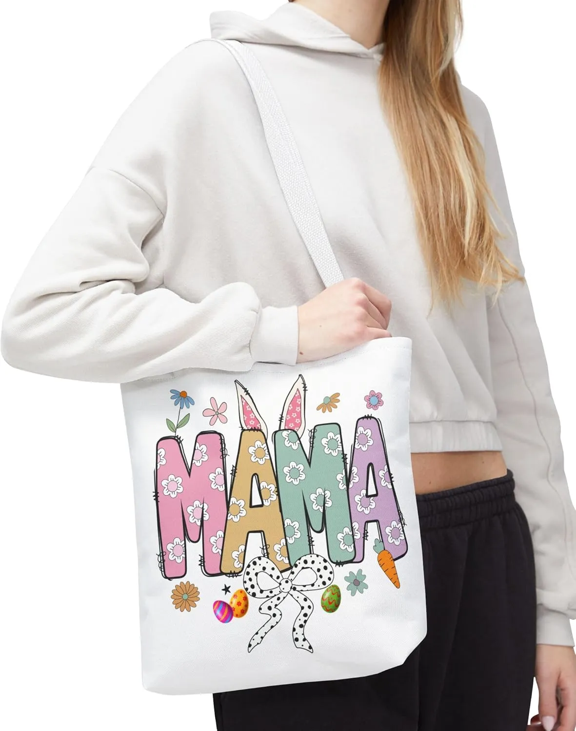 Christian Easter Day Mama Bunny Coquette Tote Bag for Women Casual Reusable Shoulder Shopping Grocery Bags for Mother's Day