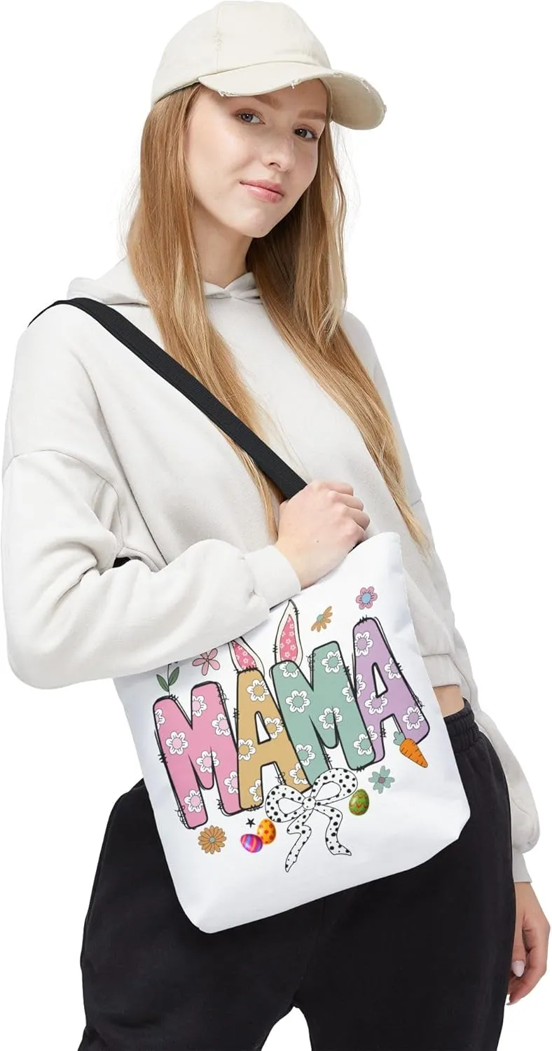 Christian Easter Day Mama Bunny Coquette Tote Bag for Women Casual Reusable Shoulder Shopping Grocery Bags for Mother's Day
