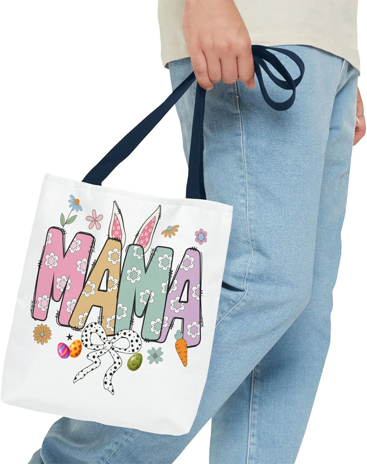 Christian Easter Day Mama Bunny Coquette Tote Bag for Women Casual Reusable Shoulder Shopping Grocery Bags for Mother's Day