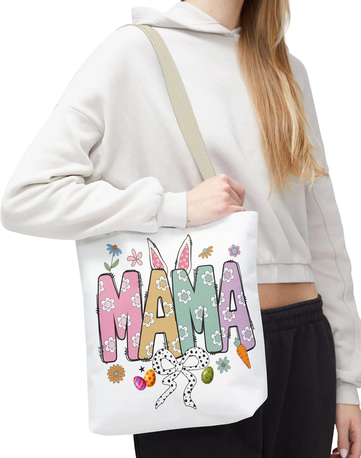 Christian Easter Day Mama Bunny Coquette Tote Bag for Women Casual Reusable Shoulder Shopping Grocery Bags for Mother's Day