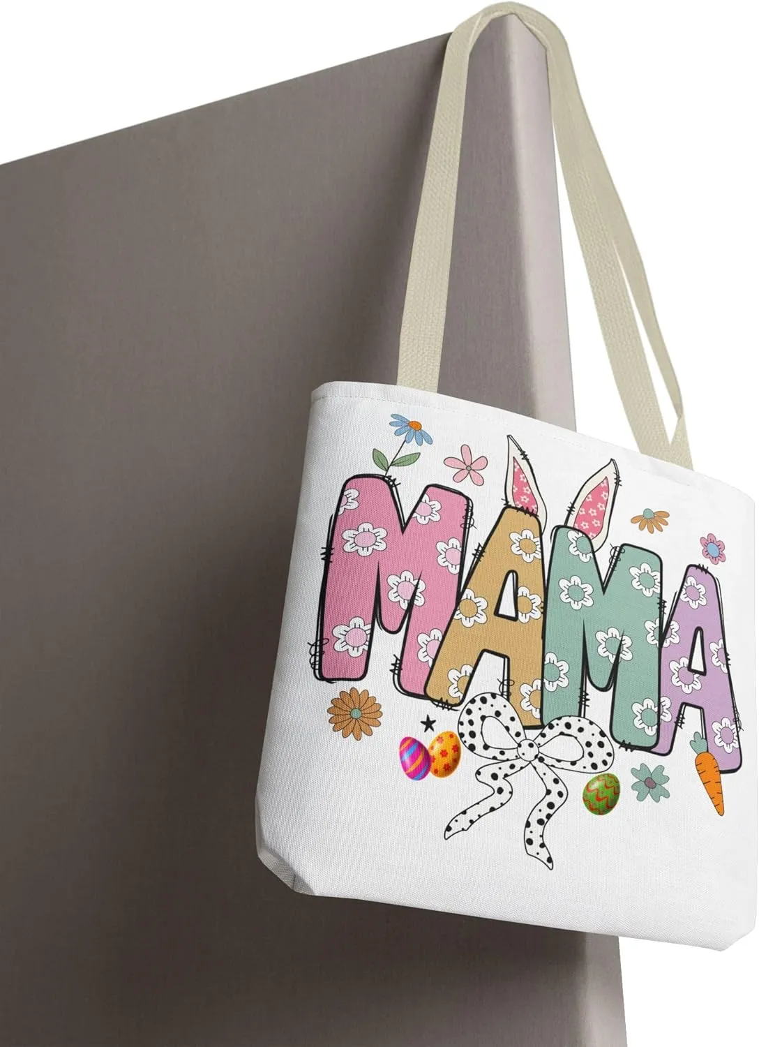 Christian Easter Day Mama Bunny Coquette Tote Bag for Women Casual Reusable Shoulder Shopping Grocery Bags for Mother's Day