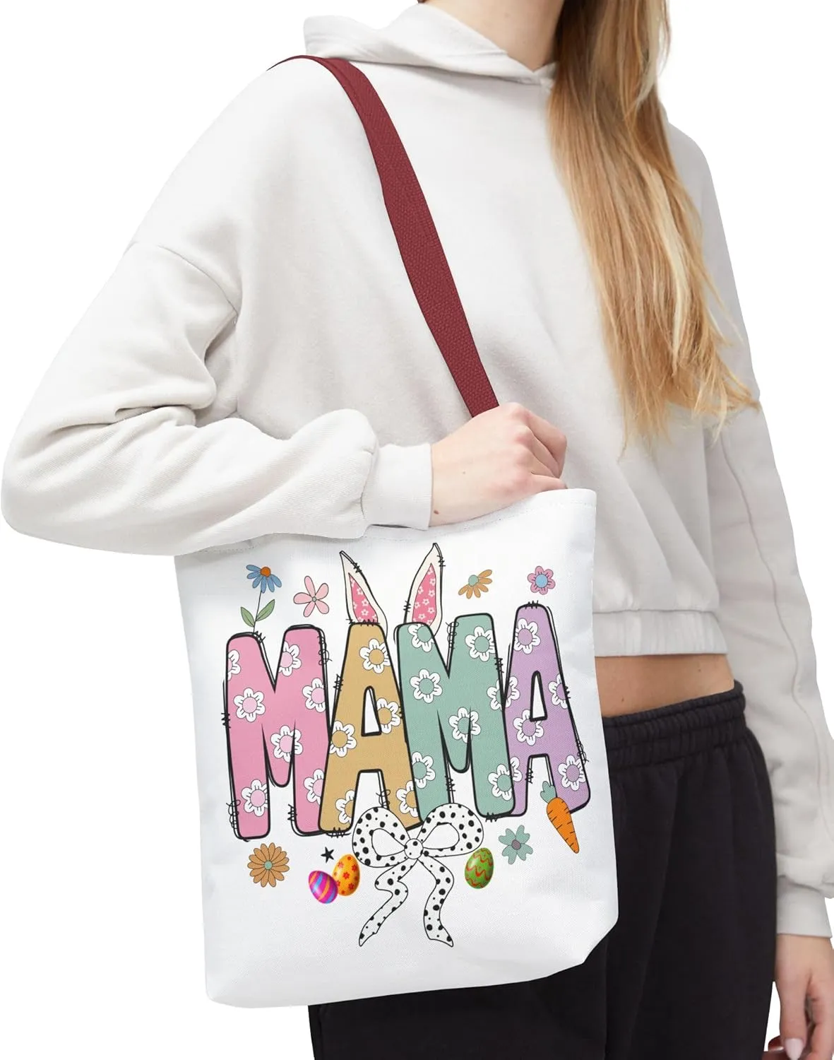 Christian Easter Day Mama Bunny Coquette Tote Bag for Women Casual Reusable Shoulder Shopping Grocery Bags for Mother's Day