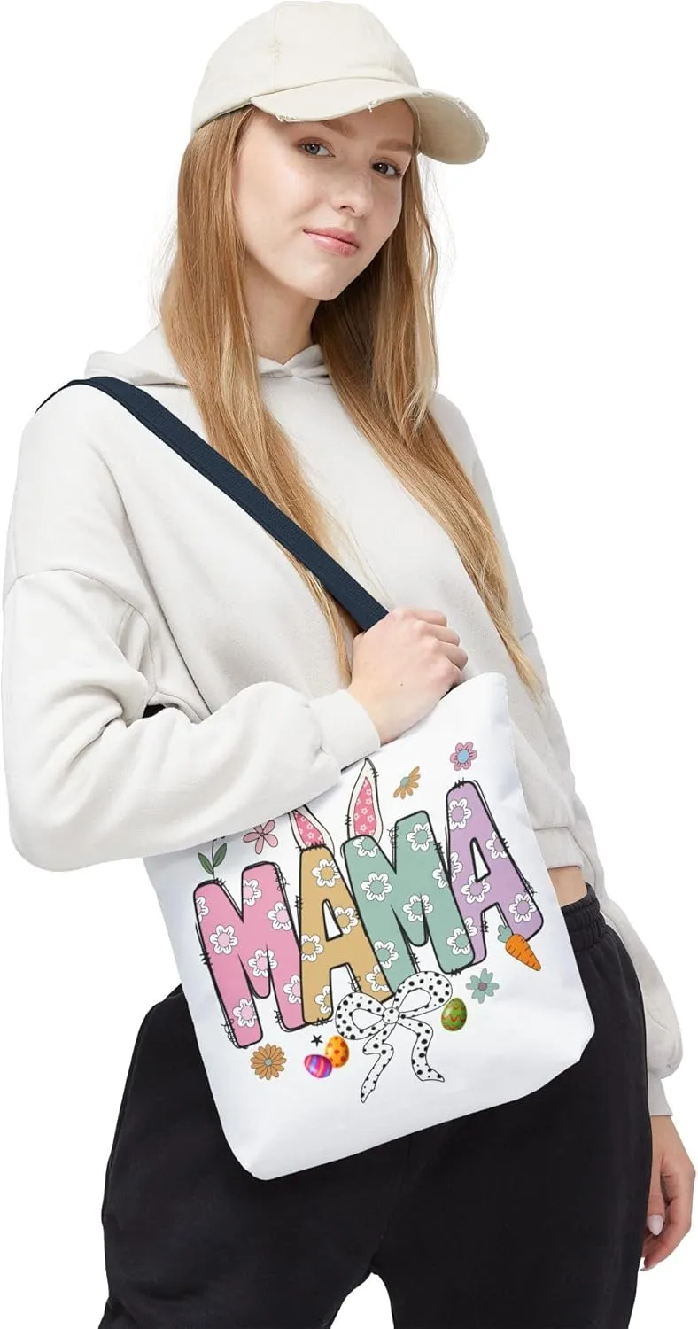 Christian Easter Day Mama Bunny Coquette Tote Bag for Women Casual Reusable Shoulder Shopping Grocery Bags for Mother's Day