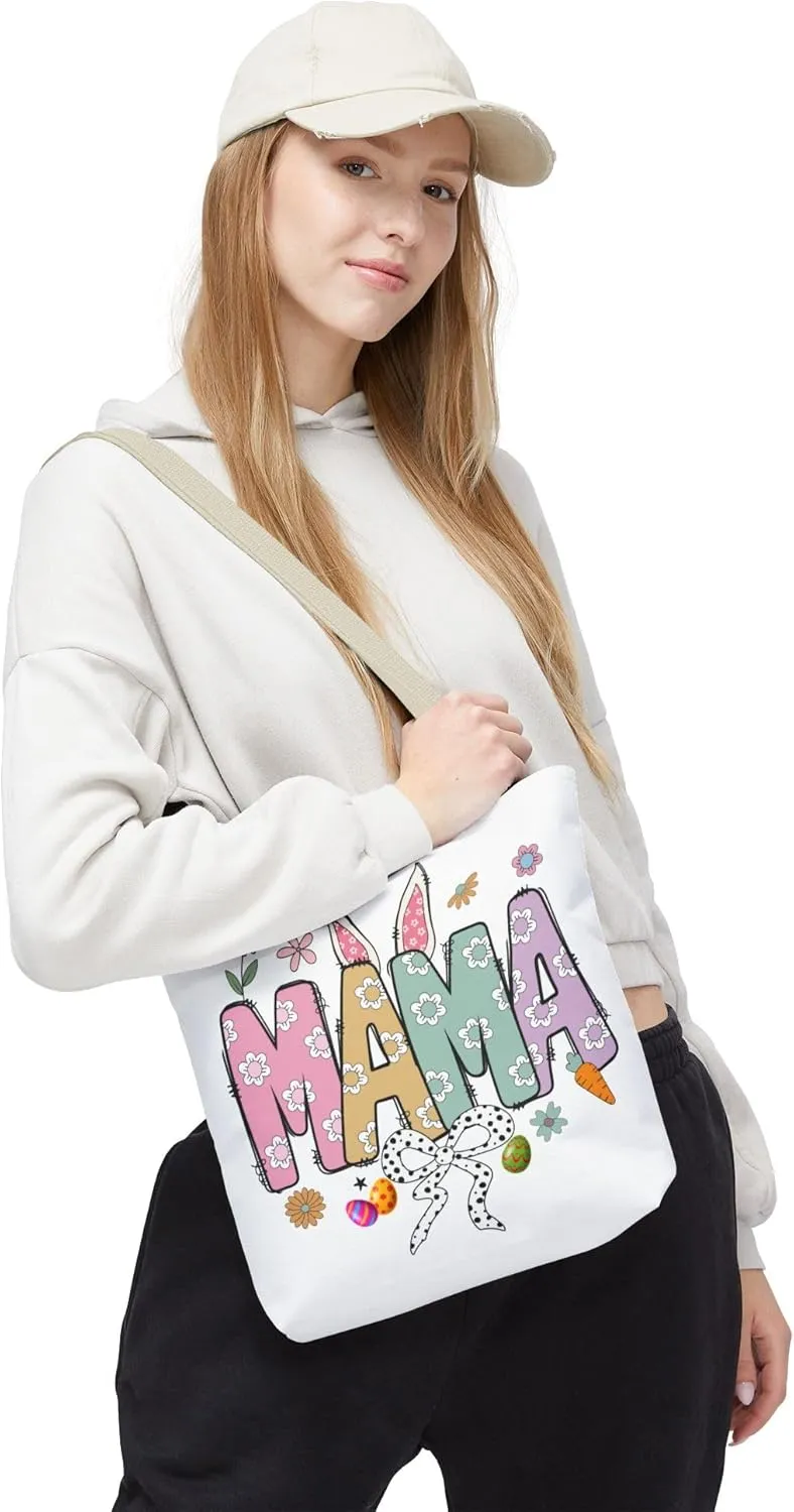 Christian Easter Day Mama Bunny Coquette Tote Bag for Women Casual Reusable Shoulder Shopping Grocery Bags for Mother's Day