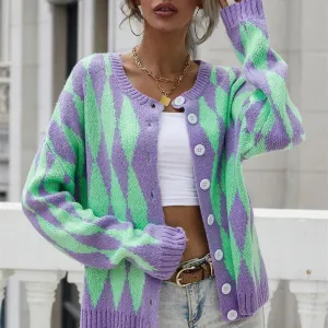 Color Block Chunky Knit Cardigan With Buttons