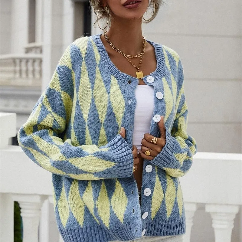 Color Block Chunky Knit Cardigan With Buttons