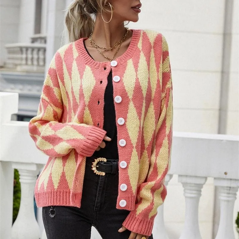 Color Block Chunky Knit Cardigan With Buttons