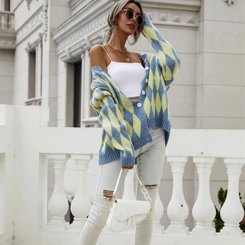 Color Block Chunky Knit Cardigan With Buttons
