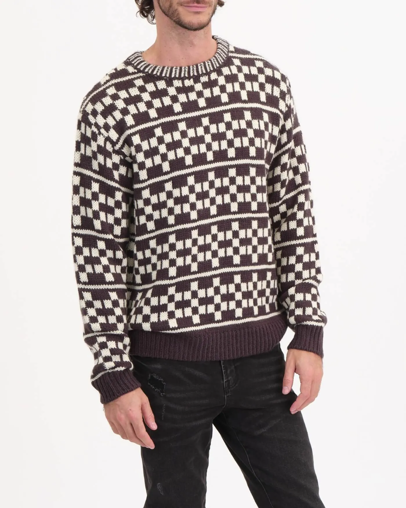 Crew Neck Checkerboard Jacquard Pullover