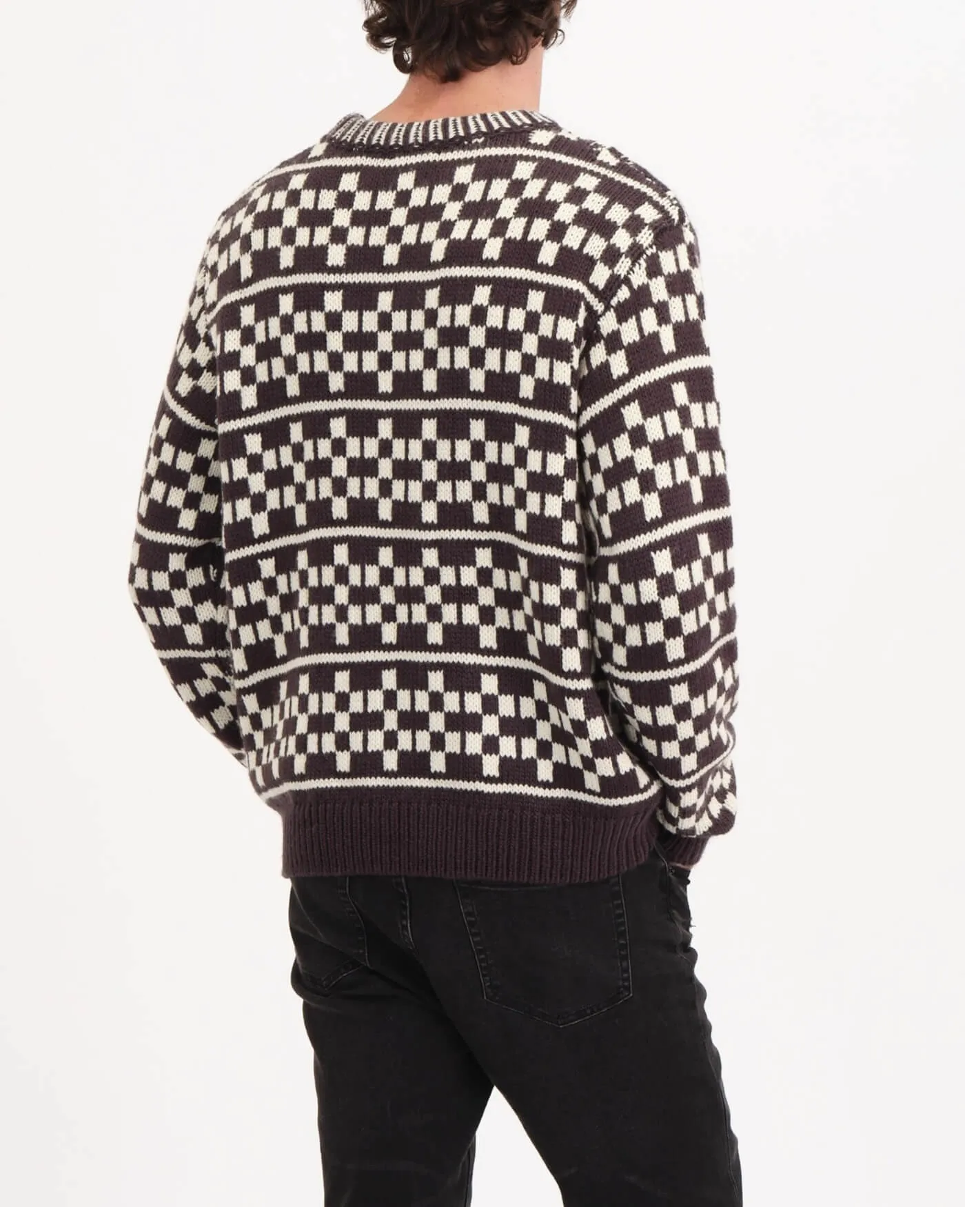 Crew Neck Checkerboard Jacquard Pullover
