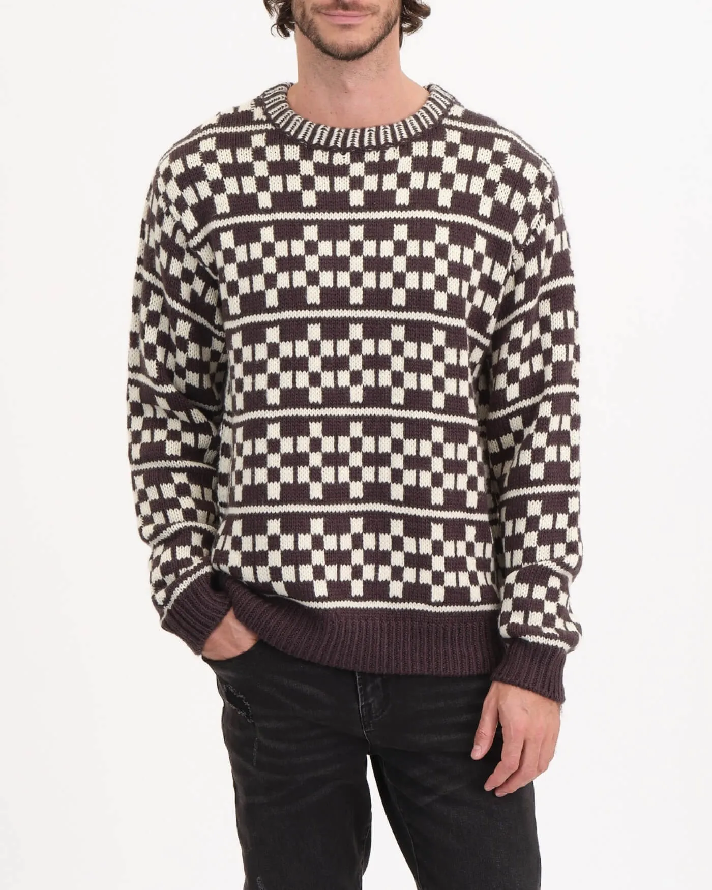 Crew Neck Checkerboard Jacquard Pullover