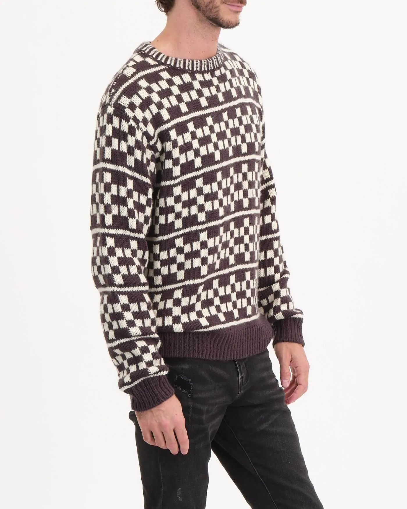 Crew Neck Checkerboard Jacquard Pullover