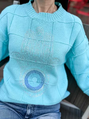 Diamond Stitch Turq Sweater with Embellishment