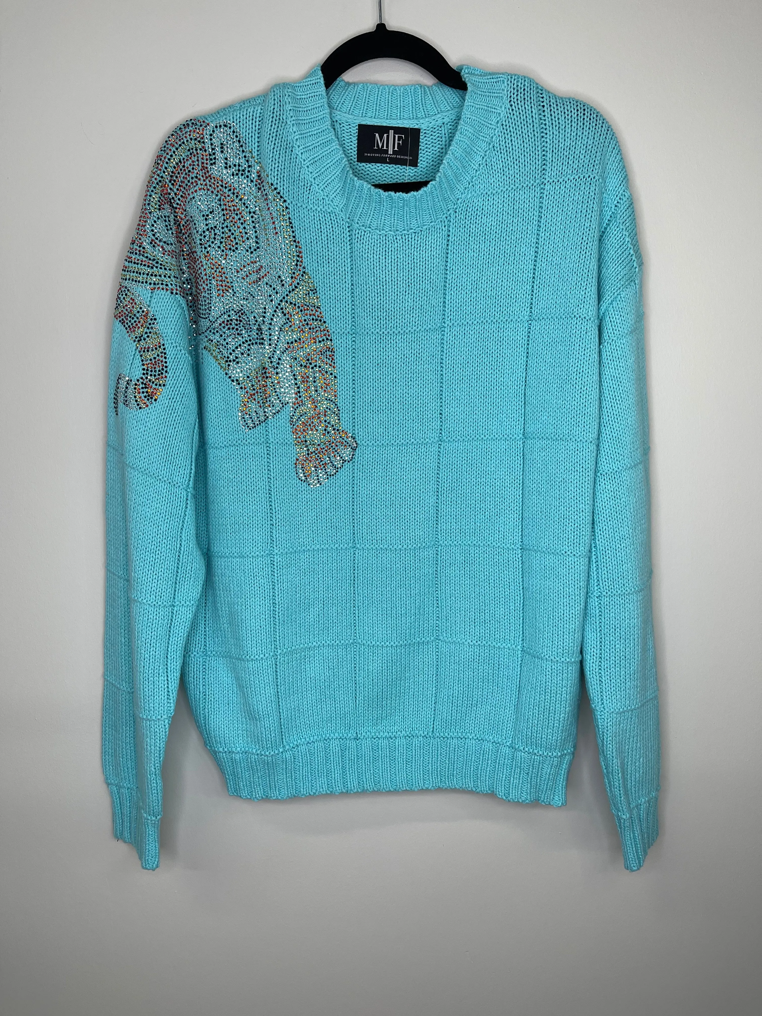 Diamond Stitch Turq Sweater with Embellishment