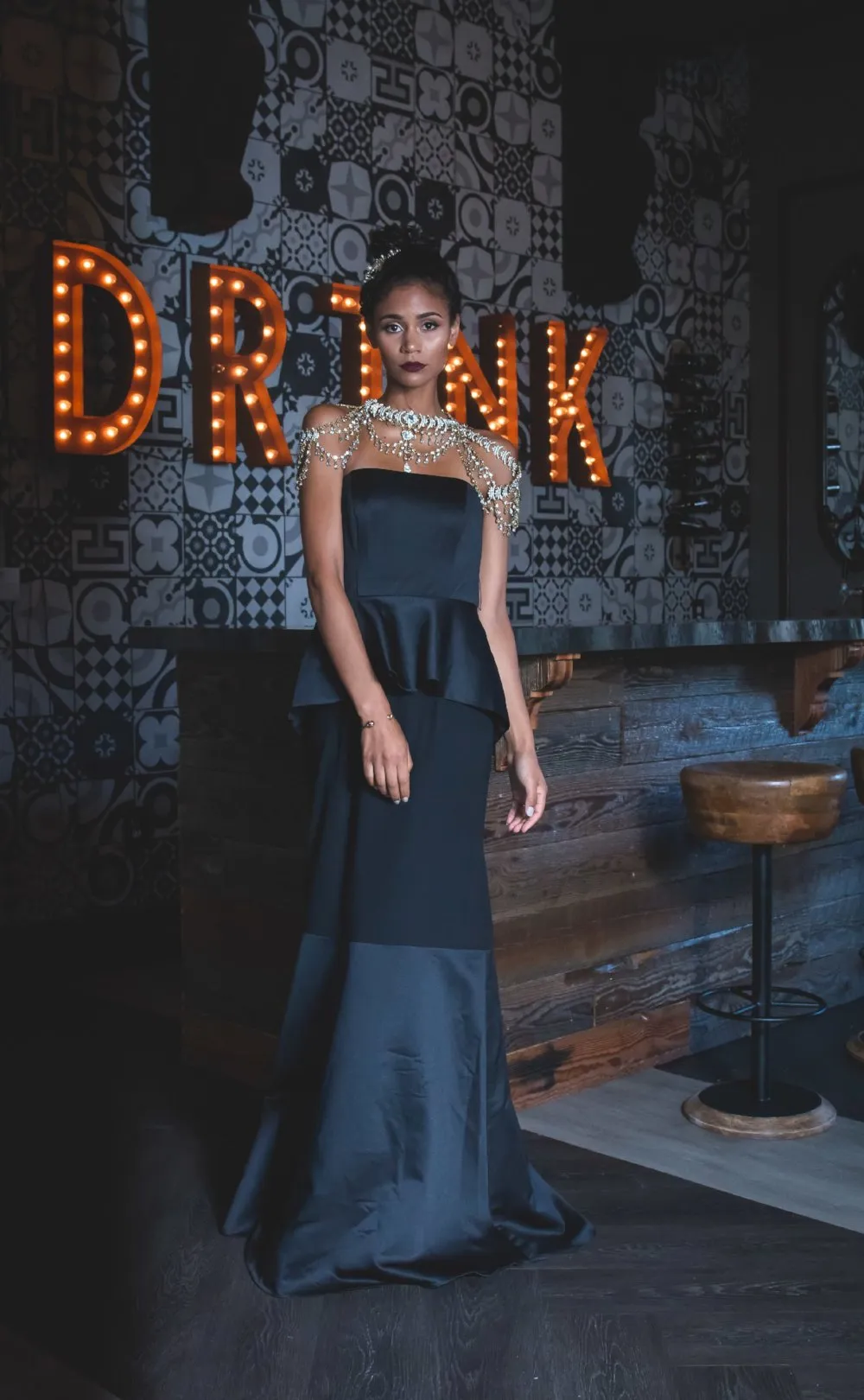 Ebony Black Satin and Matte Crepe Peplum Dress