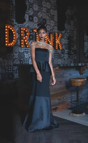 Ebony Black Satin and Matte Crepe Peplum Dress
