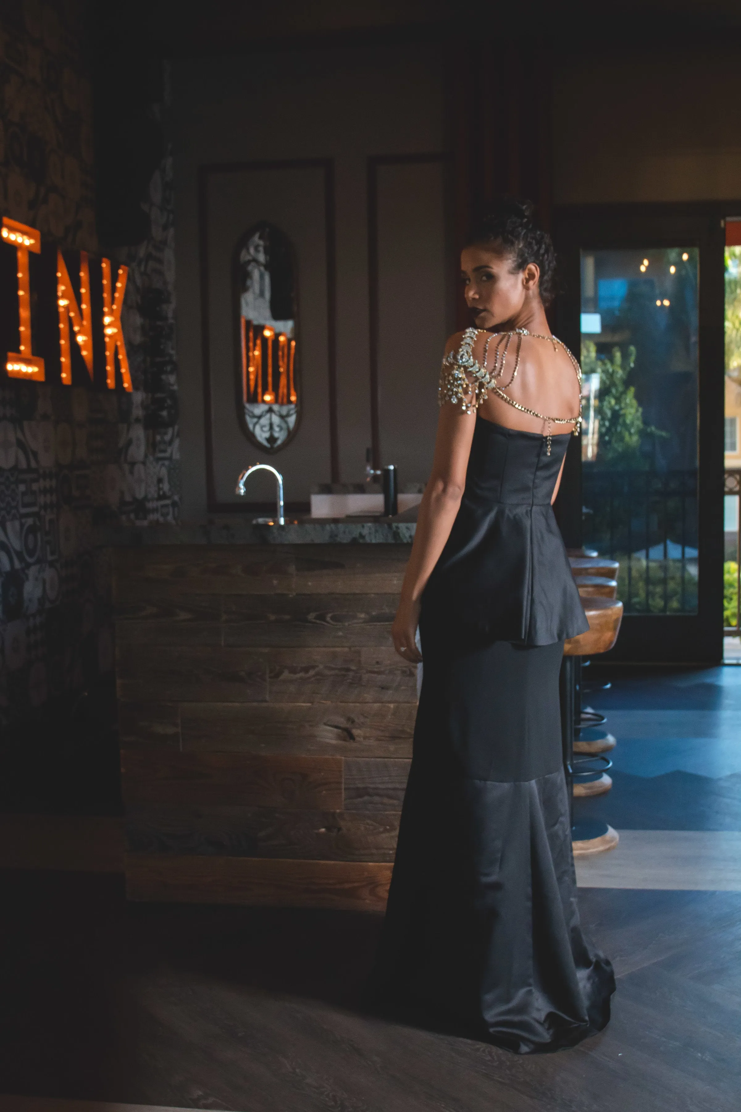 Ebony Black Satin and Matte Crepe Peplum Dress