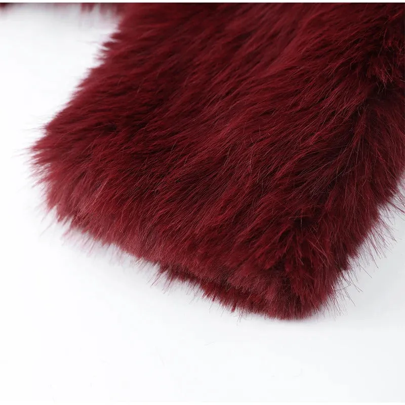 Fashion Burgundy Red Fluffy Faux Fur Short Coats Women Solid Lapel Full Sleeve Warm Jacket Winter New Chic High Street Outerwear