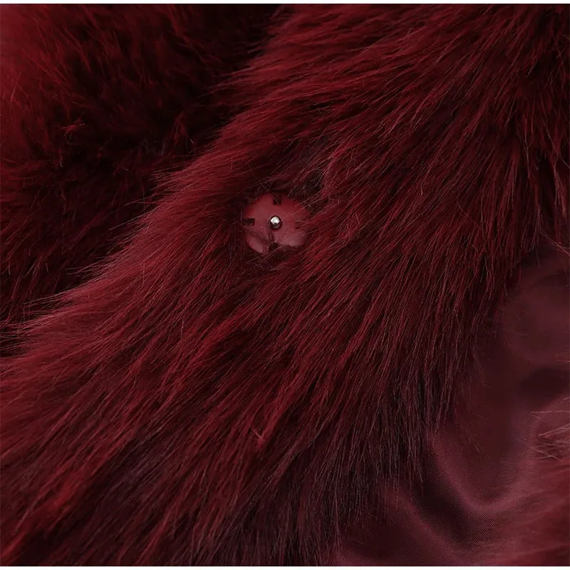 Fashion Burgundy Red Fluffy Faux Fur Short Coats Women Solid Lapel Full Sleeve Warm Jacket Winter New Chic High Street Outerwear