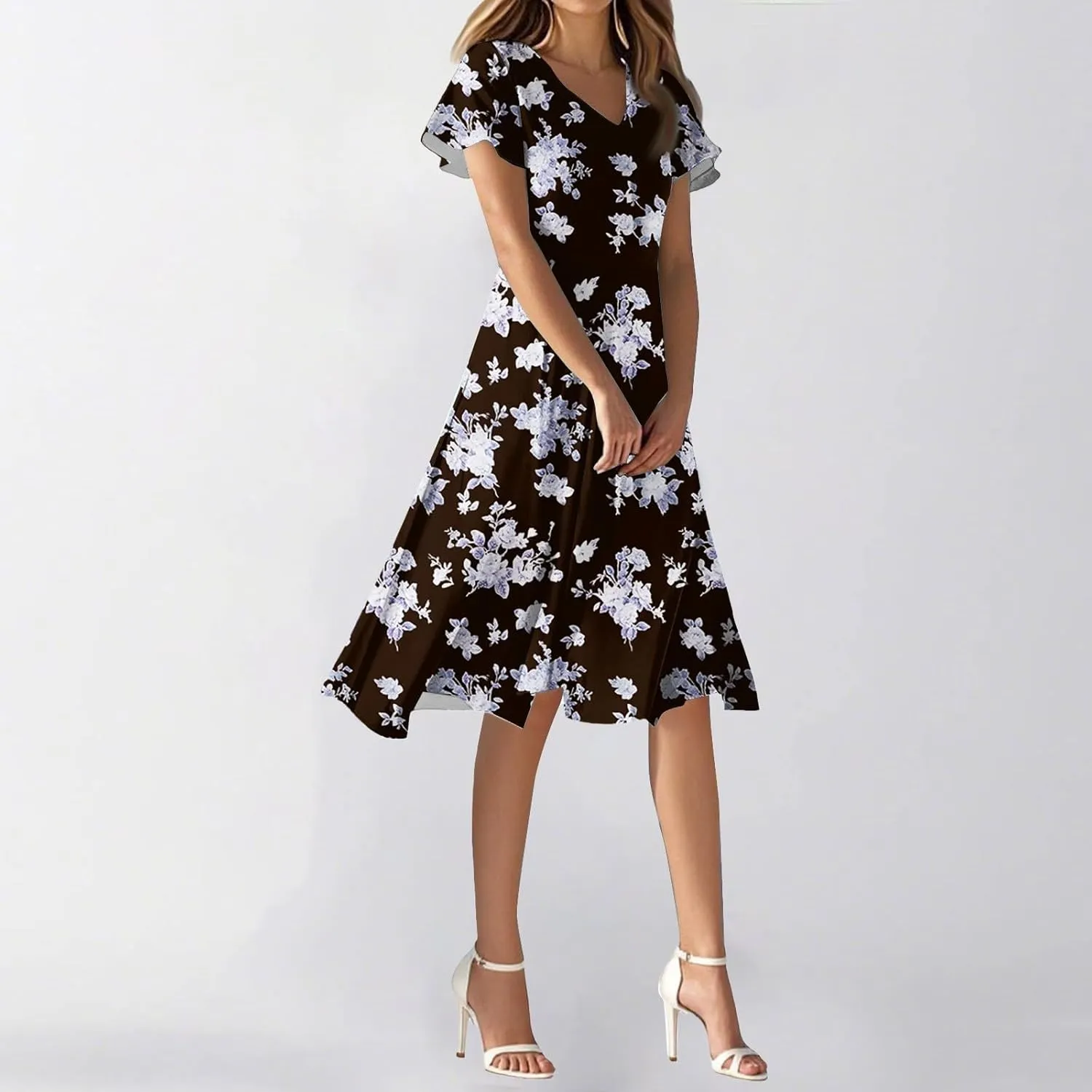 Floral Dress for Women Short Sleeve Knee Length Summer Short Sleeve Summer 2025 V Neck Modest Sundress Dress