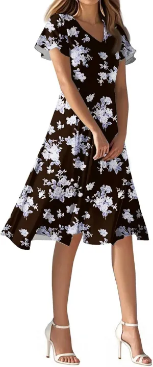Floral Dress for Women Short Sleeve Knee Length Summer Short Sleeve Summer 2025 V Neck Modest Sundress Dress