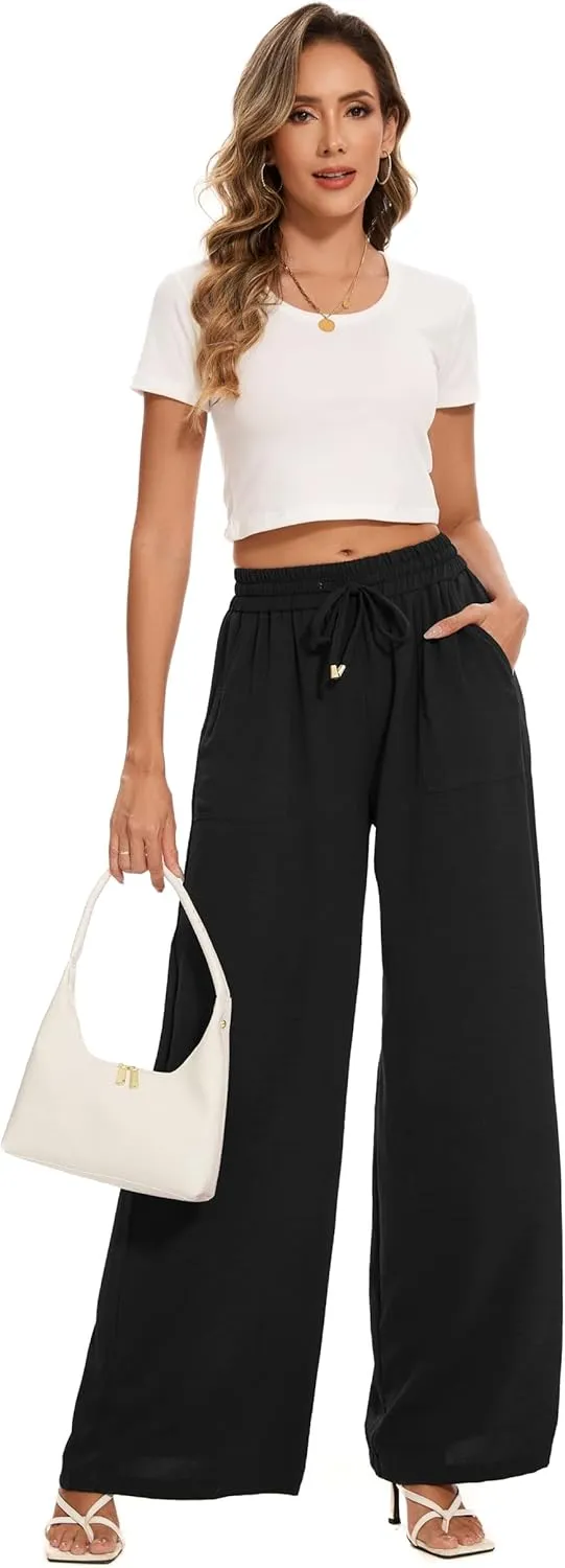 FUNYYZO 2025 Women Palazzo Pants High Waist Casual Wide Leg Long Lounge Pull On Trousers with Pocket