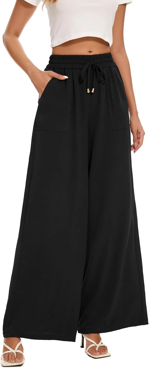 FUNYYZO 2025 Women Palazzo Pants High Waist Casual Wide Leg Long Lounge Pull On Trousers with Pocket