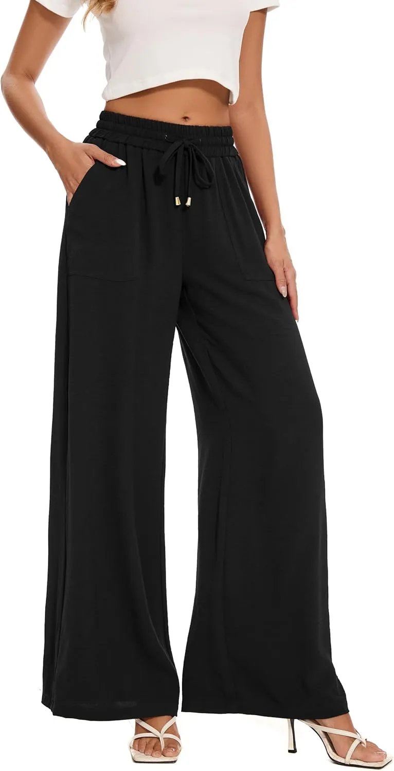 FUNYYZO 2025 Women Palazzo Pants High Waist Casual Wide Leg Long Lounge Pull On Trousers with Pocket