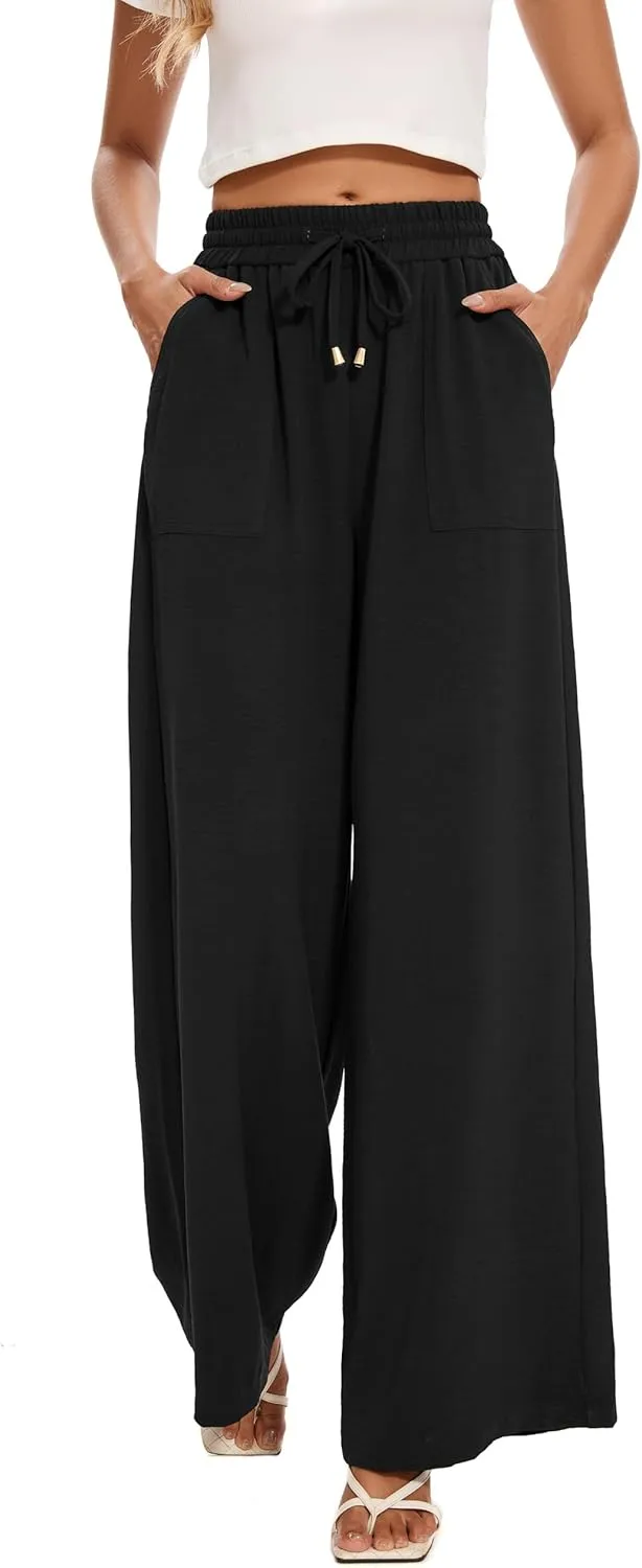 FUNYYZO 2025 Women Palazzo Pants High Waist Casual Wide Leg Long Lounge Pull On Trousers with Pocket