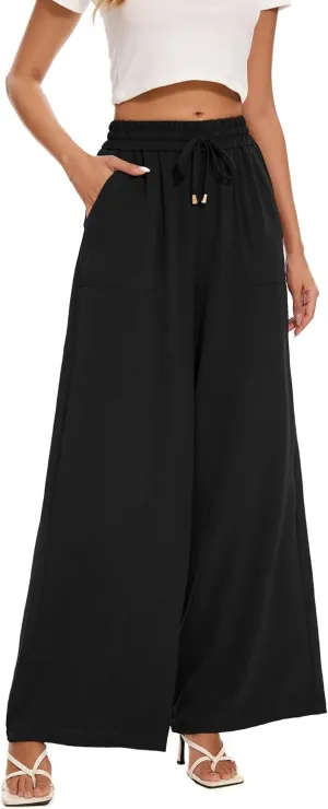 FUNYYZO 2025 Women Palazzo Pants High Waist Casual Wide Leg Long Lounge Pull On Trousers with Pocket
