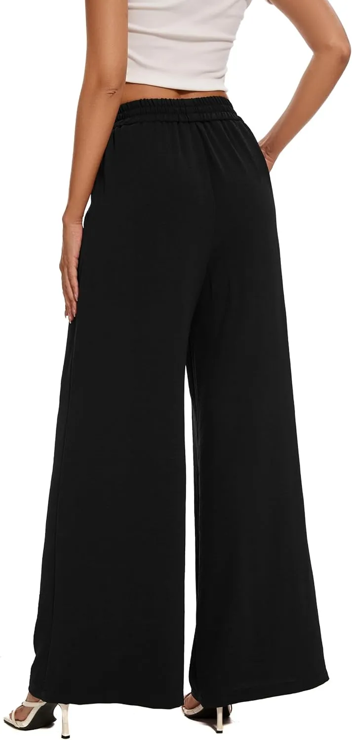 FUNYYZO 2025 Women Palazzo Pants High Waist Casual Wide Leg Long Lounge Pull On Trousers with Pocket