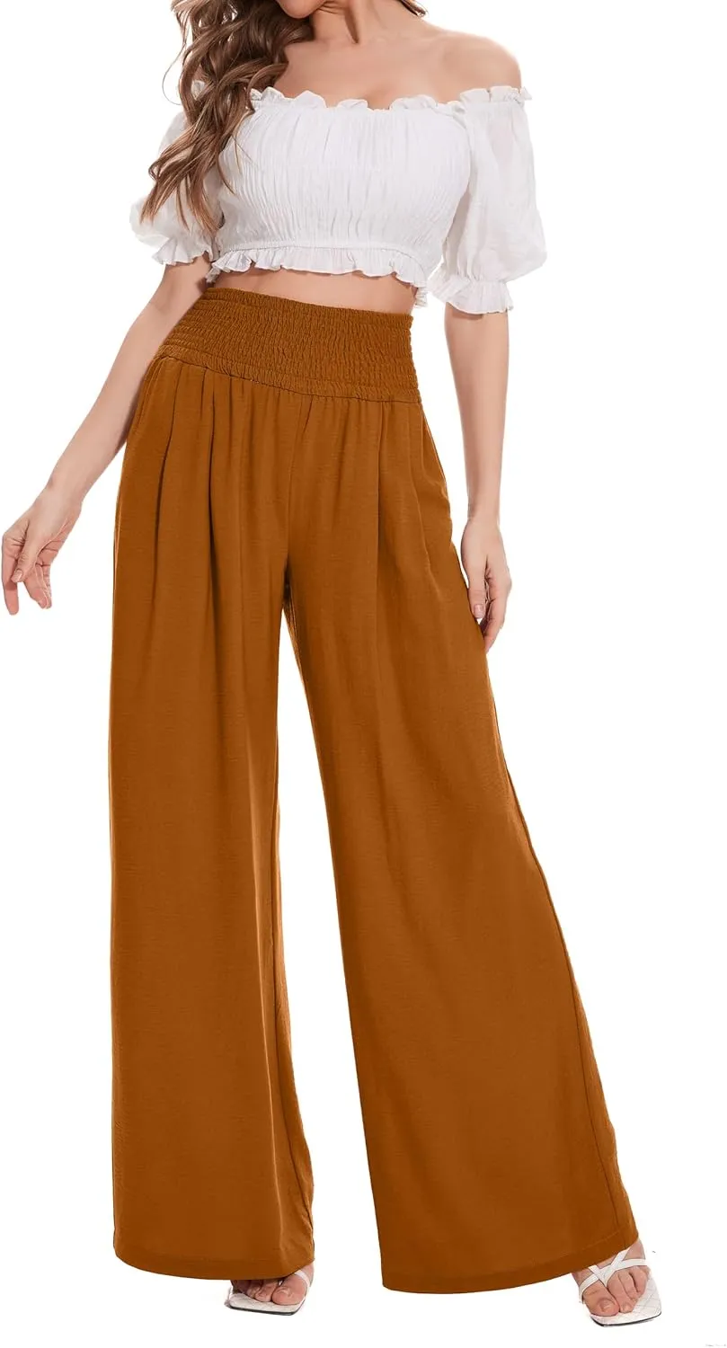 FUNYYZO Women Pull On Pants Elastic Waisted Casual Wide Leg Long Lounge Trousers with Pocket Beach Wear