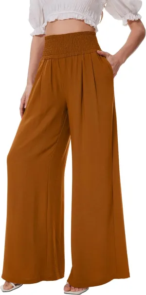 FUNYYZO Women Pull On Pants Elastic Waisted Casual Wide Leg Long Lounge Trousers with Pocket Beach Wear