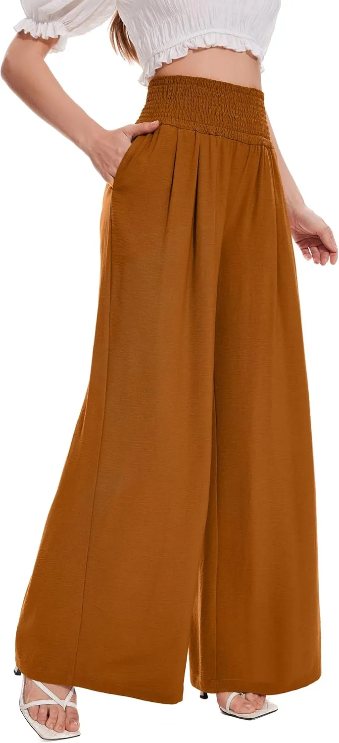 FUNYYZO Women Pull On Pants Elastic Waisted Casual Wide Leg Long Lounge Trousers with Pocket Beach Wear
