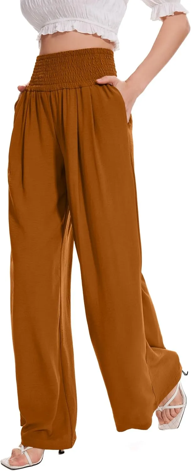 FUNYYZO Women Pull On Pants Elastic Waisted Casual Wide Leg Long Lounge Trousers with Pocket Beach Wear