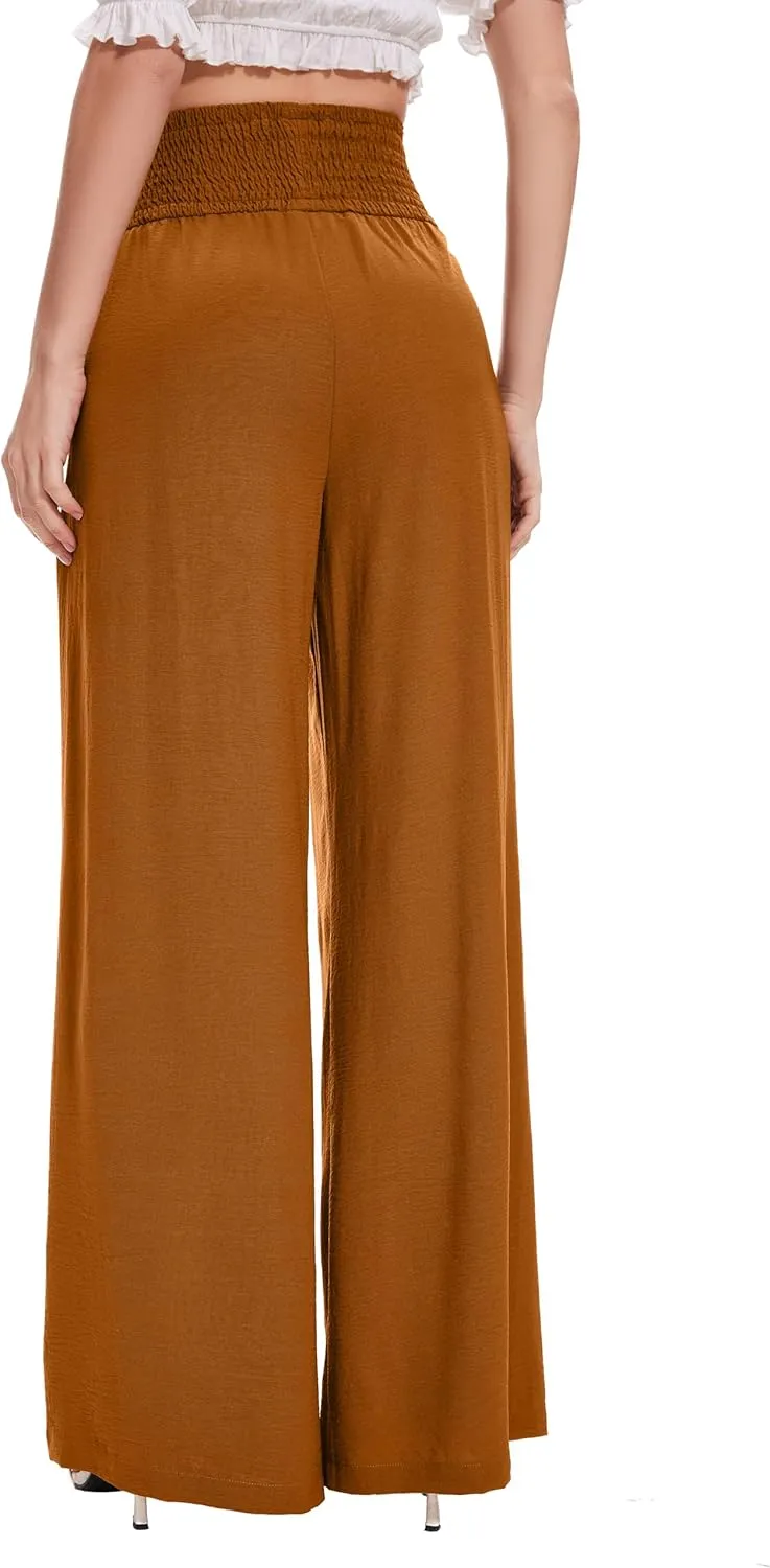 FUNYYZO Women Pull On Pants Elastic Waisted Casual Wide Leg Long Lounge Trousers with Pocket Beach Wear