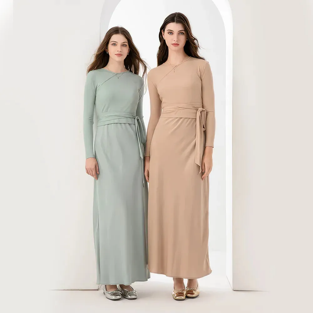 High Stretch Ribbing Wrap Top & Matte Satin Maxi Dress Set