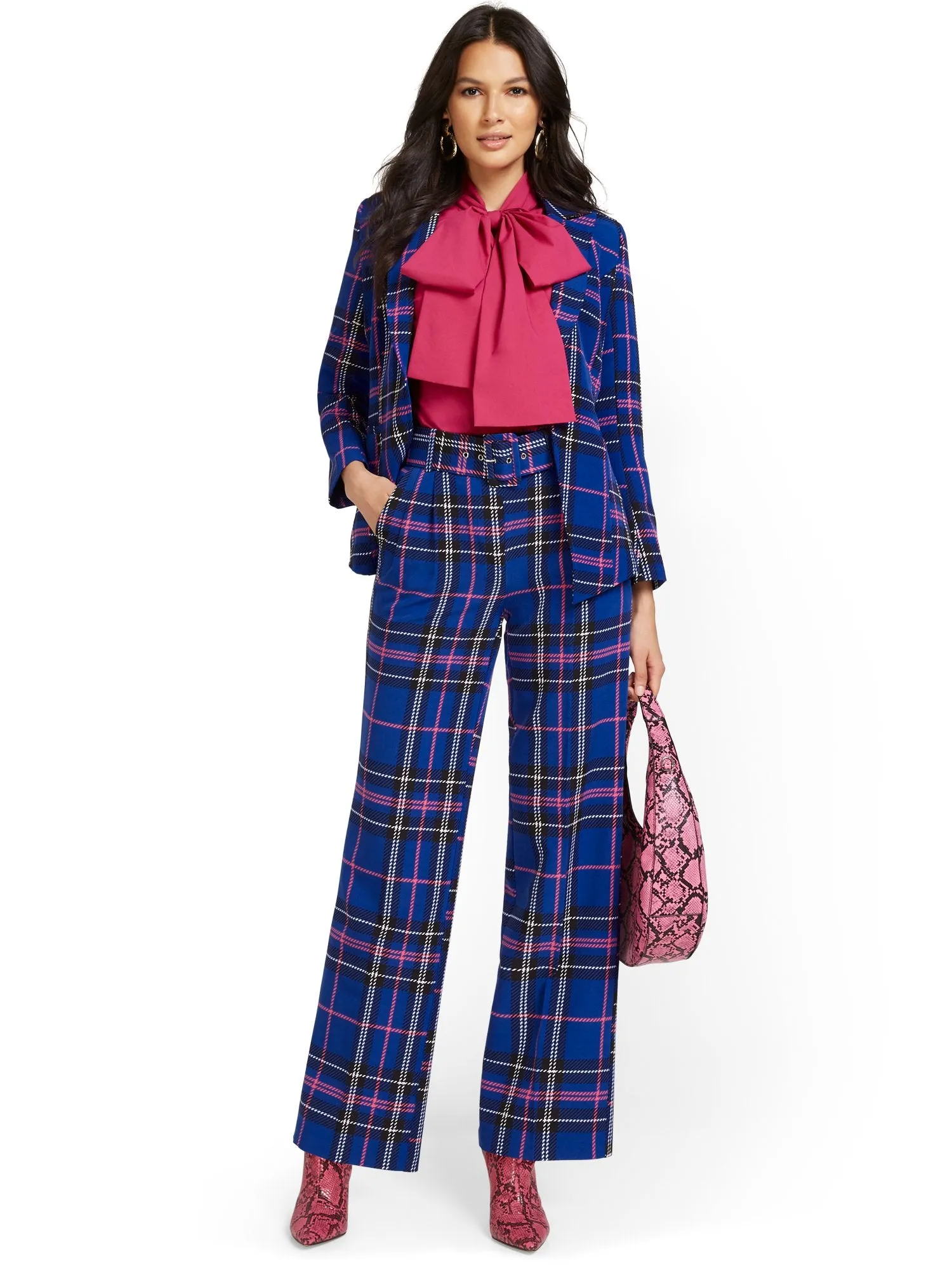 High-Waisted Belted Wide-Leg Pant - Plaid