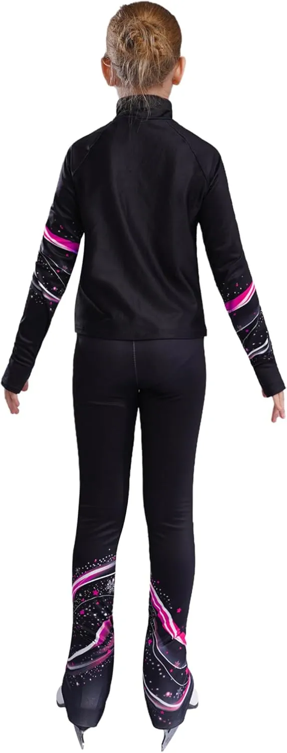 JEATHA Kids Girls Full Zip Fleece Jacket with Printed Athletic Leggings Pants Printed Figure Skating Training Outfits