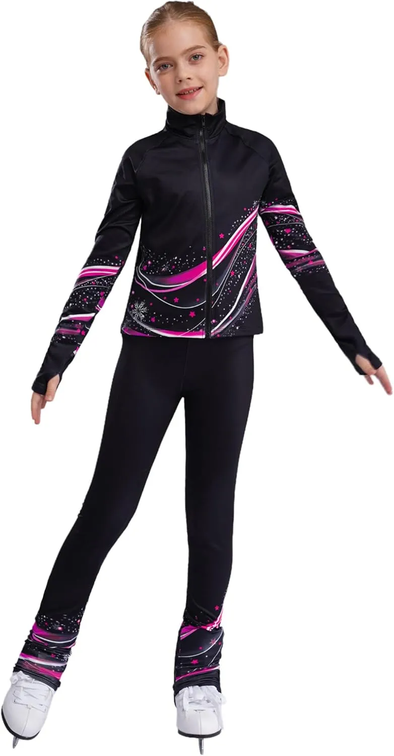 JEATHA Kids Girls Full Zip Fleece Jacket with Printed Athletic Leggings Pants Printed Figure Skating Training Outfits