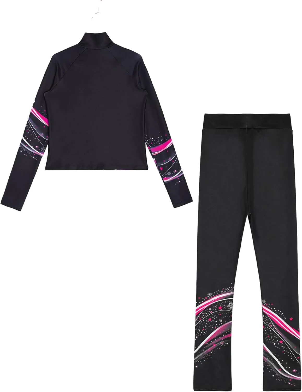 JEATHA Kids Girls Full Zip Fleece Jacket with Printed Athletic Leggings Pants Printed Figure Skating Training Outfits