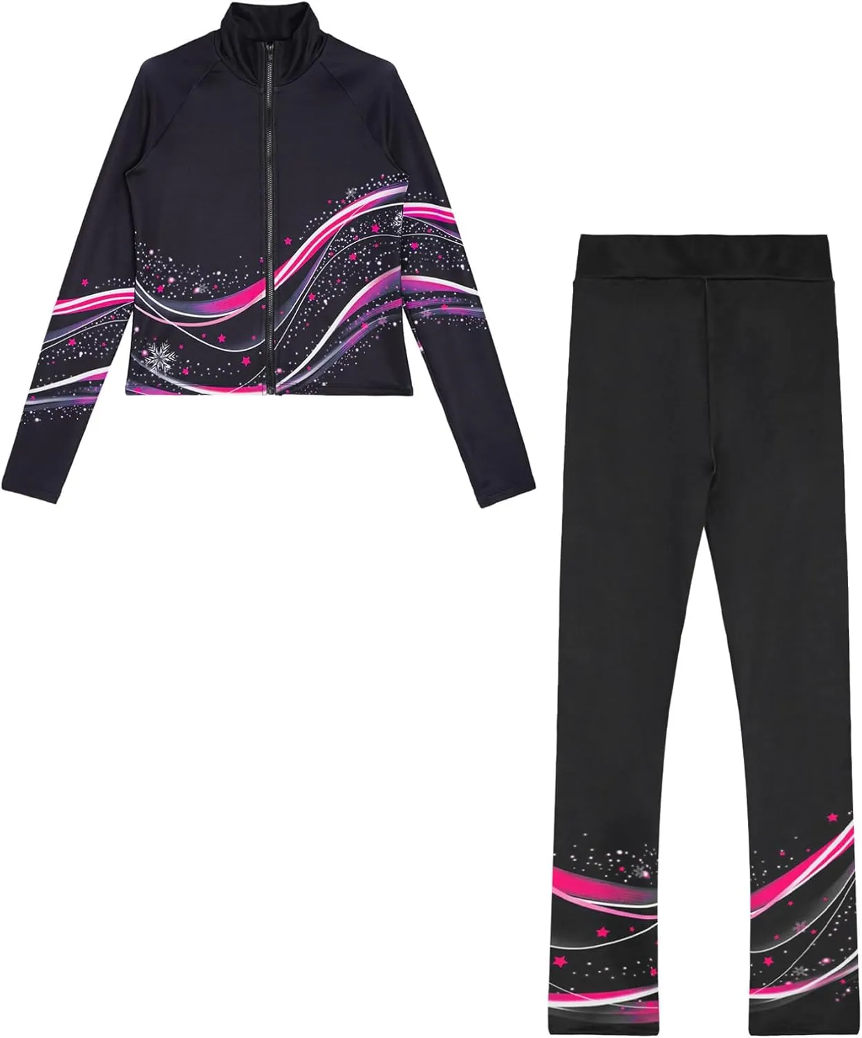 JEATHA Kids Girls Full Zip Fleece Jacket with Printed Athletic Leggings Pants Printed Figure Skating Training Outfits