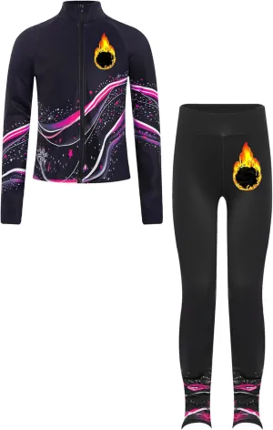 JEATHA Kids Girls Full Zip Fleece Jacket with Printed Athletic Leggings Pants Printed Figure Skating Training Outfits